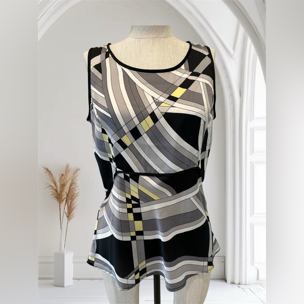 Nine West Black, Gray, Yellow and White Geometric Silky Tank Top -Size M